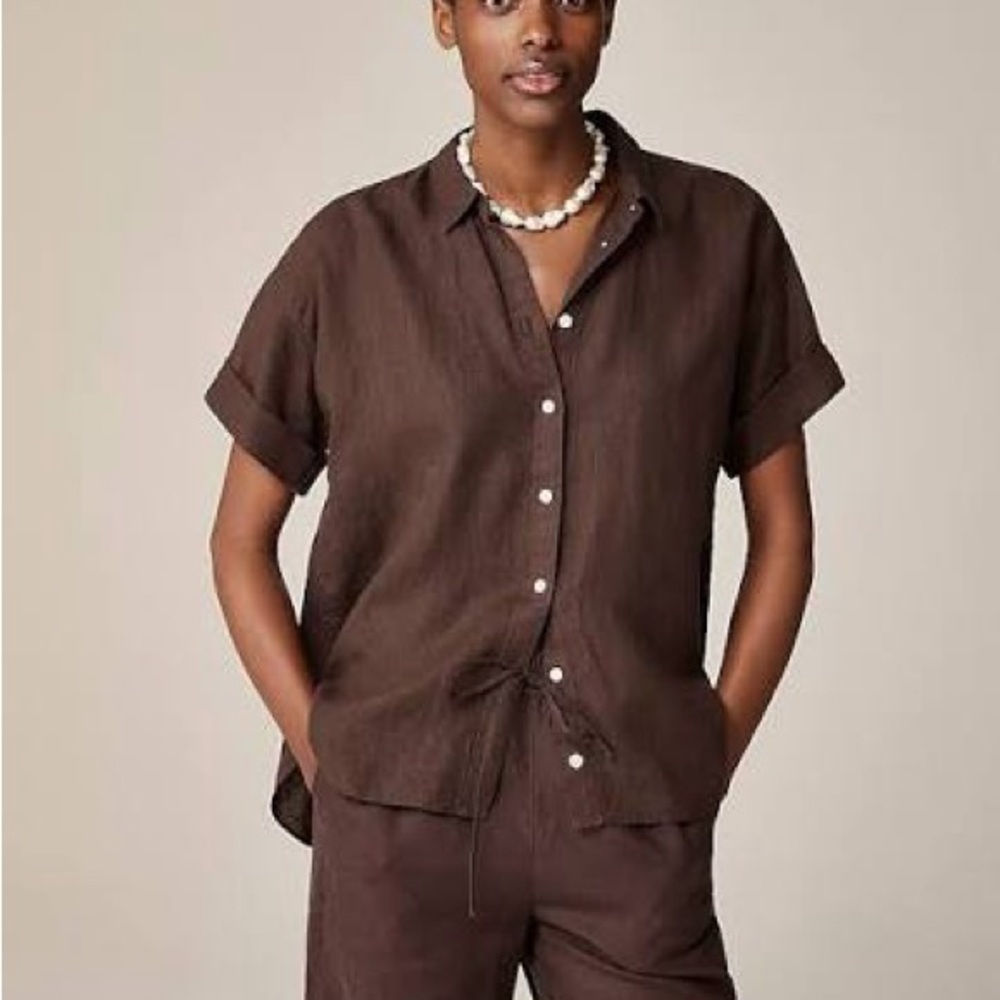 J.Crew Baird McNutt Irish Linen Button Down Chocolate Brown Short Sleeve Top